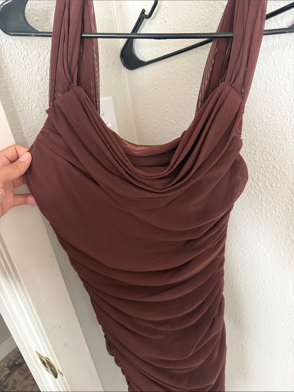 Brown Ruched Cowl Neck Dress